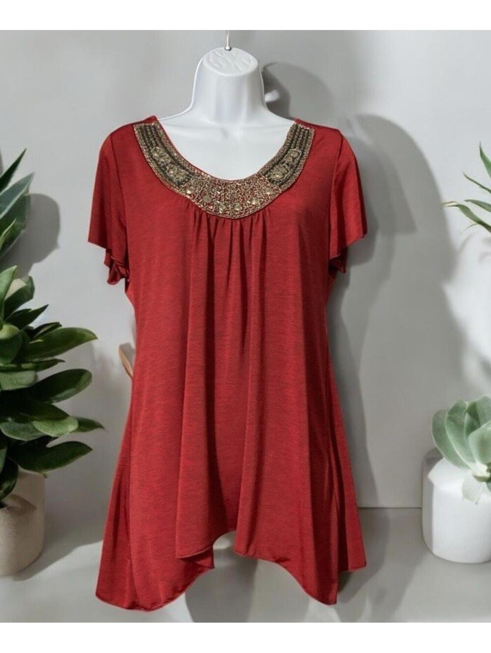 Women Lavish Red Short Sleeve Pullover Beaded Polyester Blouse Sz L